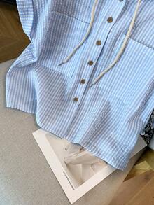 Qadelle Women's Summer Casual Versatile Textured Striped Chiffon Hooded Cardigan With Pockets, Short Sleeve - Blue and White - View 3