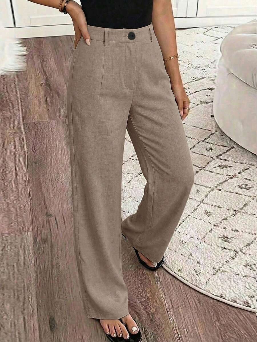 Pariaura 女士纯色纹理面料休闲宽松裤，度假休闲裤 - 棕色 - 查看 1