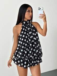 SHEIN PETITE 女款優雅米色掛脖綁帶迷你洋裝，夏季女裝，適合嬌小女性 - 黑色 - 查看 8