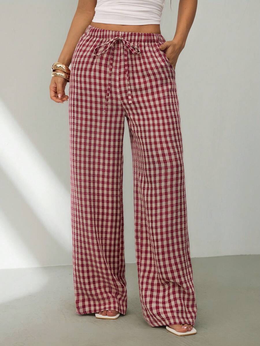 SHEIN PETITE 女士休闲日常格子抽绳腰裤 夏季春季情人节服装 嘉年华外出装扮 女士格子家居服裤 田园风裤 女士红色格子裤 夏季格子裤 红色方格裤