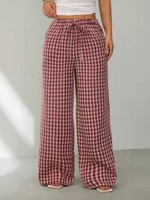 SHEIN PETITE 女士休闲日常格子抽绳腰裤 夏季春季情人节服装 嘉年华外出装扮 女士格子家居服裤 田园风裤 女士红色格子裤 夏季格子裤 红色方格裤 - 紅色 - 查看 9