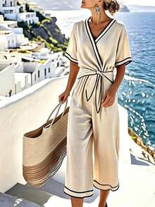 SHEIN LUNE Women's Contrast Trim V-Neck Tie-Front Casual Short Sleeve Jumpsuit - Apricot - View 1