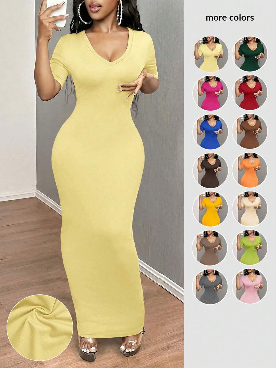 SHEIN SXY 女士纯色V领修身短袖连衣裙 Hoco连衣裙 - 淡黃色 - 查看 1