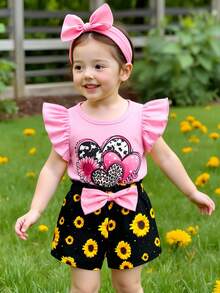 SHEIN Playful Pals 女婴可爱爱心向日葵印花荷叶袖上衣和蝴蝶结短裤套装，春夏款 - 粉色 - 查看 3