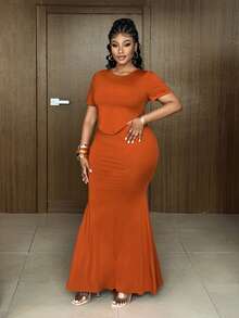 Maweii Plus Size Women Summer Sexy Solid Color Asymmetric Hem Top And Mini Skirt Set - Orange - View 6