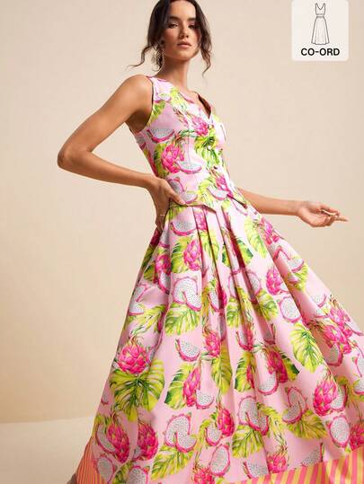 LOTSLUV Conjunto de 2 piezas de top sin mangas con cuello en V y falda con estampado tropical de fruta de dragón rosa para vacaciones de primavera/verano de mujer