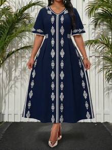SHEIN Lady Đầm dự tiệc cỡ lớn in họa tiết cổ điển, thắt eo, kiểu dáng thường ngày, thích hợp cho kỳ nghỉ. - Nhiều màu - Xem 6