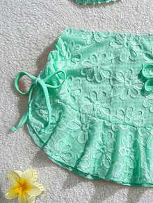 Swim Mod Set de 3 piezas: Top corto de tirantes finos, Bottom de triángulo con lazos laterales y minifalda con volantes y cordón - Azul - Ver 6