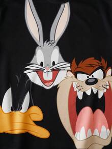 LOONEY TUNES X SHEIN Men's Casual Cartoon Print Short Sleeve T-Shirt And Drawstring Waist Shorts Set, Summer Daily Commute - Black - View 4