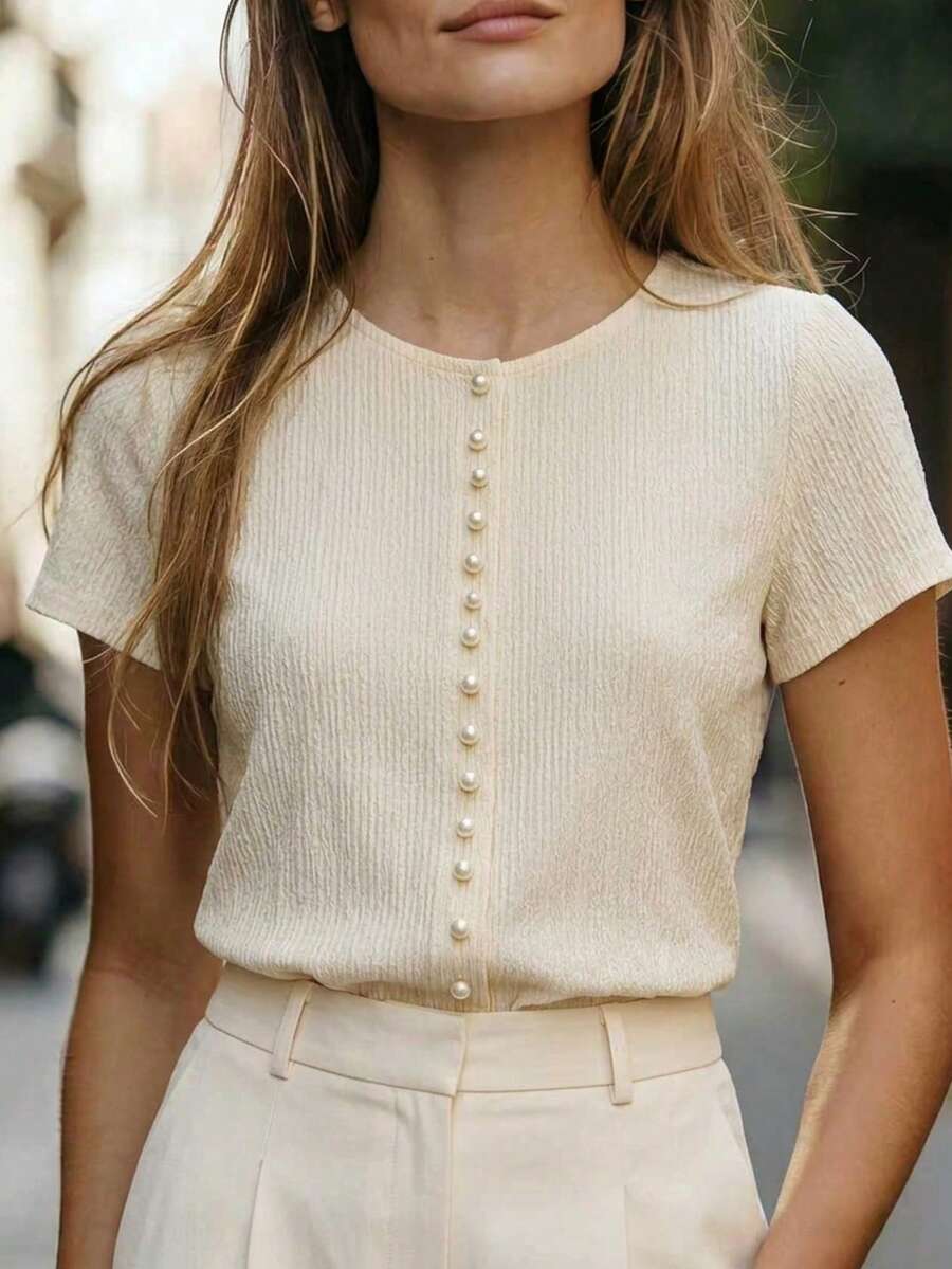 Franclia Women's Solid Color Faux Pearl Decorated Short Sleeve Blouse - Apricot - View 1