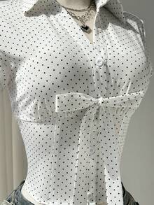 Elamini Women's Blouse With Floral Lace Patchwork, Bow Tie, Sweet Sexy, White Polka Dot, Summer, Y2k, Everyday Vintage Golf - White - View 6