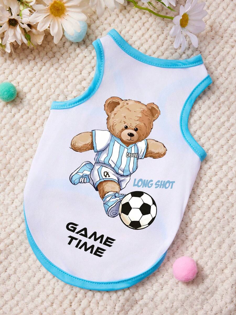 PETSIN 1 Piece Cute Teddy Bear Soccer Letter Printed Pet Vest, Soft And Breathable, Blue And White Sports Style Pet Clothing - Multicolor - View 1