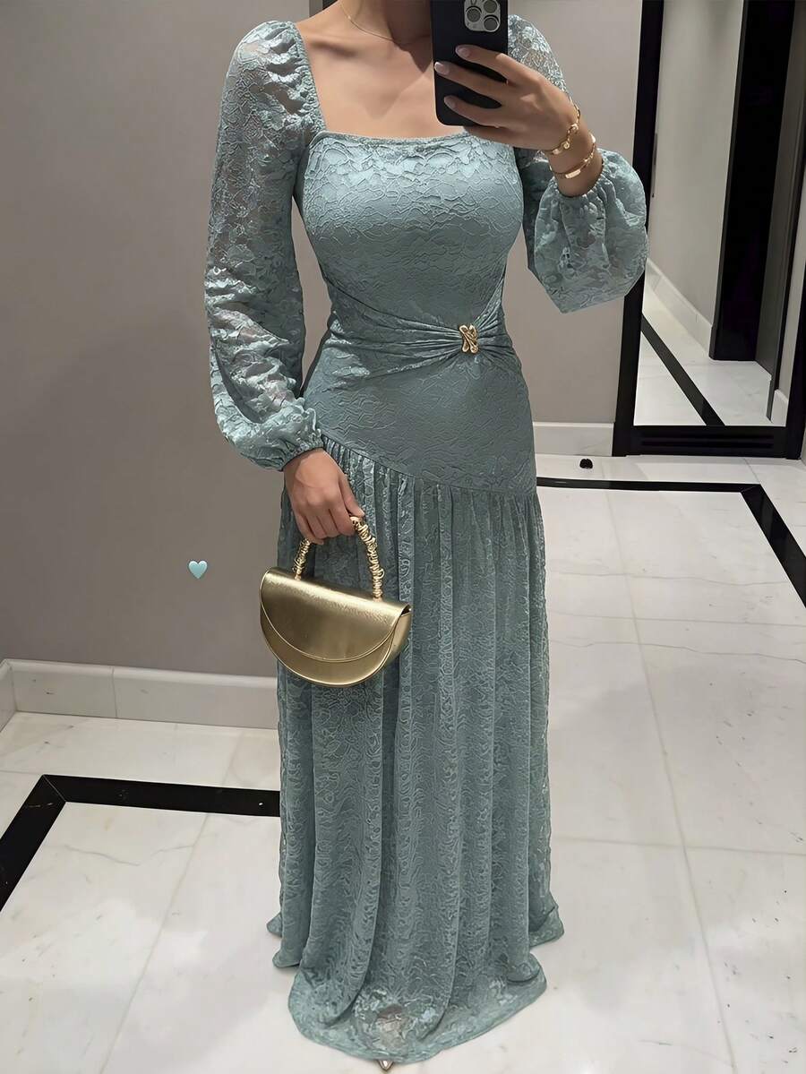 Modelyn Vestido largo de fiesta elegante con cintura ceñida y plisado jacquard para mujer