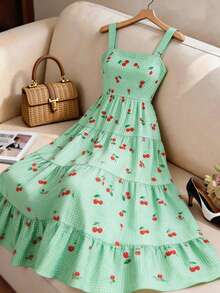 Elenzga Gaun Camisole Wanita Ukuran Besar Motif Ceri dengan Hem Berkerut - Hijau - View 7
