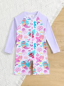 SHEIN Baju Renang Anak Perempuan Model Terusan dengan Resleting dan Motif Putri Duyung & Dunia Bawah Laut, Lengan Panjang - Mauve Purple - View 4