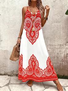 Zayélia Gaun Kasual Wanita Merah Putih Motif Bunga Bohemian, Leher V Dalam, Tanpa Punggung, Potongan A-Line Longgar, Gaya Boho Musim Panas, Liburan, Elegan, Retro Prancis, Romantis - Red and White - View 5