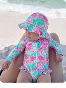 SHEIN Newborn Baby Shell Print One-Piece Swimsuit With Hat - Multicolor - View 6