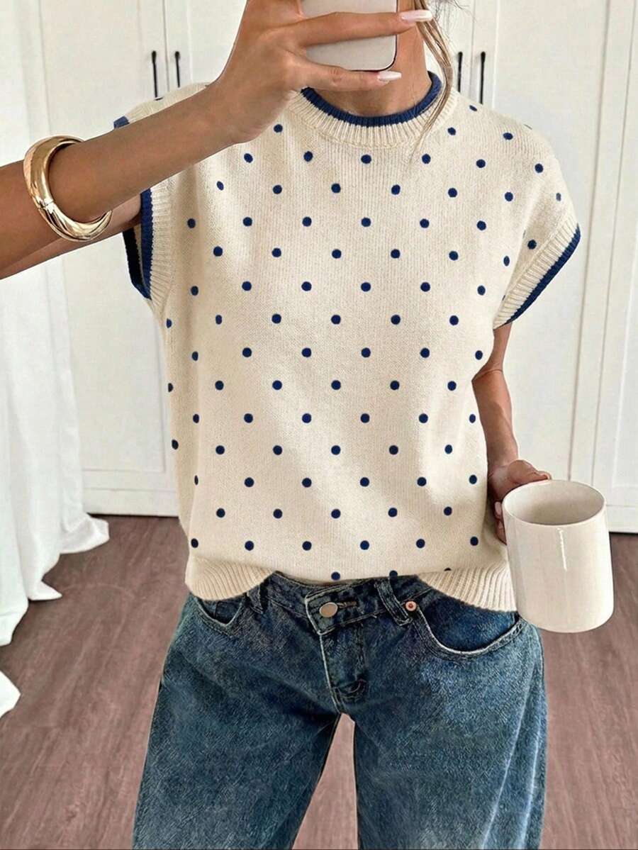 SHEIN Frenchy 休閒極簡風復古圓點大尺碼女款毛衣，適合春夏、度假，百搭風格針織上衣