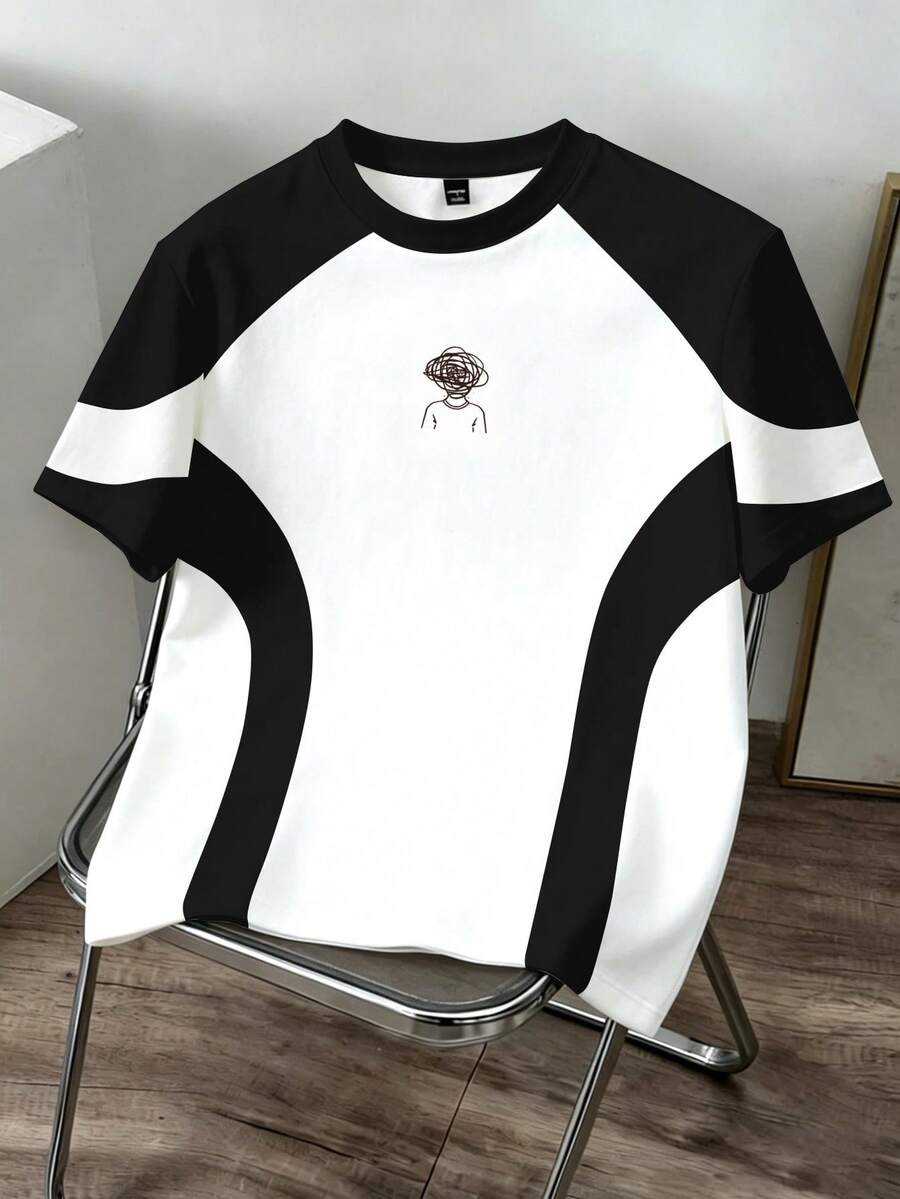 Manfinity Joysei Camiseta de manga corta con cuello redondo y estampado gráfico de bloques de color para hombre, verano - Blanco y Negro - Ver 1