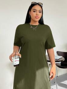 SHEIN EZwear 大码女式休闲日常通勤简约纯色落肩宽松T恤连衣裙 - 綠色 - 查看 9