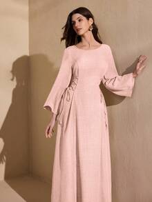 Graceveil 圆领纯色抽绳系腰连衣裙 - 粉色 - 查看 4