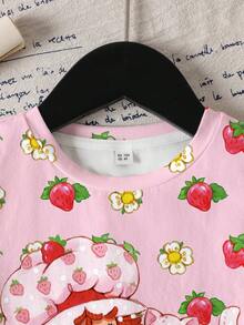 Strawberry Shortcake X SHEIN 女童休闲卡通草莓印花T恤，夏季 - 白色 - 查看 4