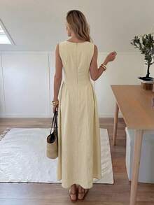 Easowa 女款優雅淡黃色夏季休閒無袖圓領船領純色極簡A字長洋裝，母親節海灘茶會婚禮度假洋裝 - 杏色 - 查看 6