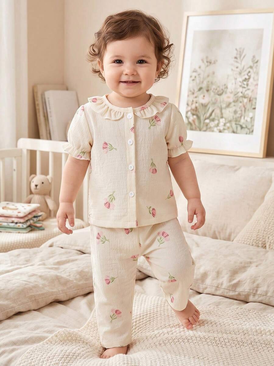 Baby Girl Apricot Simple Purple Floral Printed Short Sleeve Top And Wide Leg Pants Casual Loose Homewear Set - Apricot - View 1