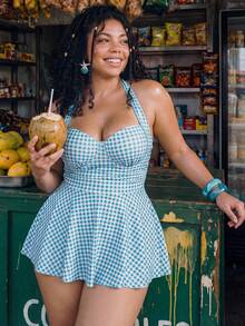 Swim Mod Plus Size Refreshing Light Blue Plaid Tankini Swimsuit 2 Pieces Set - Multicolor - View 3