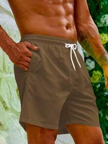 CoralVoy Men's Summer Vacation Solid Color Drawstring Waist Oblique Pocket Beach Shorts - Mocha Brown - View 6