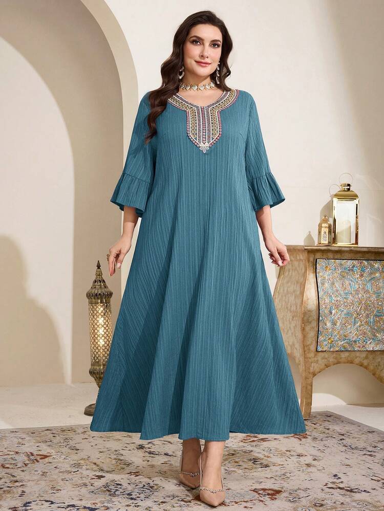 Al Najma Đầm maxi Thổ Nhĩ Kỳ cỡ lớn dành cho nữ, áo choàng dài truyền thống Ả Rập. - Màu xanh lam - Xem 1