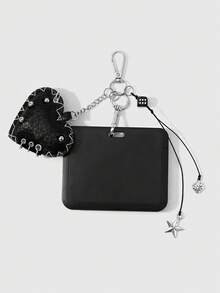 ROMWE 1 Y2k Retro Personalized Fashion Heavy Industry Punk Dark Wind Goth Black Leather Rivets Hand-Sewn Edge Three-Dimensional Cotton Filling Love Knotted Lace Resin Dice Ancient Silver Strawberry Star Acrylic Horizontal Card Sliding Cover Card Campus Card ID Card Cover Work Card Cover Star Card Travel Traffic Card Cover DIY Keychain Bag Pendant, Suitable For Office Workers, Students, Party Girls And Ladies Daily Wear, Holiday Gifts - Black-152 - View 2