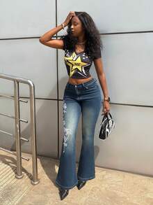 StreetHx 女士口袋纽扣花卉图案休闲百搭日常喇叭牛仔裤 - 藍色 - 查看 5