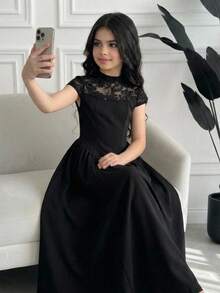 Teen Girl Spring/Summer Elegant Lace Patchwork Long Dress, Dress With Stand Collar, Short Sleeve, Cinched Waist, Ruched Full Skirt, - Black - View 4
