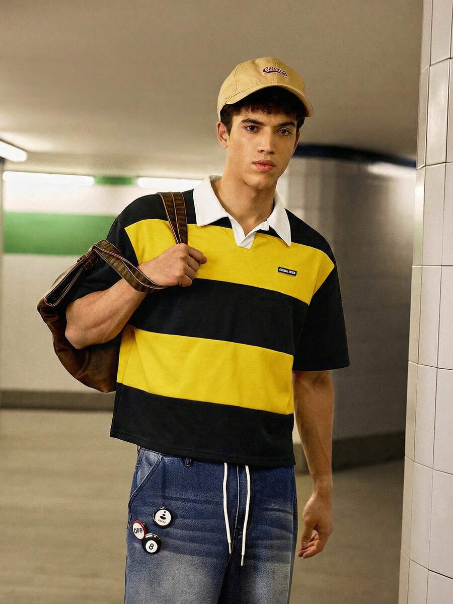 SWAVVY 男士休閒寬鬆短袖 Polo 衫，對比領拼接復古上衣 - 黃色 - 查看 1