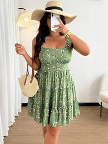 SHEIN PETITE CURVE 小巧精致的碎花吊带A字连衣裙 - 綠色 - 查看 5