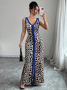 Elenzga Đầm ôm sát gợi cảm, xẻ tà trước, họa tiết da báo, cổ chữ V khoét sâu, cổ áo đối xứng. - Nhiều màu - Xem 1
