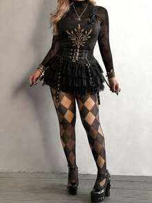 Flirla Quần legging nữ kiểu Punk gợi cảm họa tiết hình thoi kẻ caro, màu đen và đỏ. - Màu vàng - Xem 6