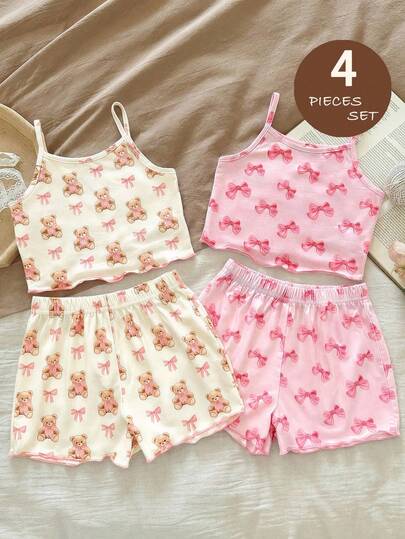 SHEIN LMoss Kids 4件套少女夏季休闲卡通熊蝴蝶结吊带背心和短裤睡衣套装