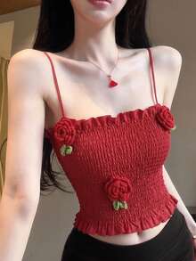 DAZY Women's Vacation Style Beach Crochet Flower Decor Ruffle Hem Camisole, Spring & Summer Crop Top - Red - View 4