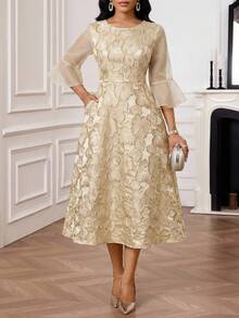 SHEIN Lady 女士优雅派对提花拼接中长连衣裙 - 金色 - 查看 3
