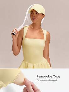 GLOWMODE Game On Buttery-Soft Quick-Dry Removable Cups Built-In Shorts Side Pockets Squareneck Cutout Back Tiered Tennis Dress Golf Pickleball Gym - French Vanilla - View 4