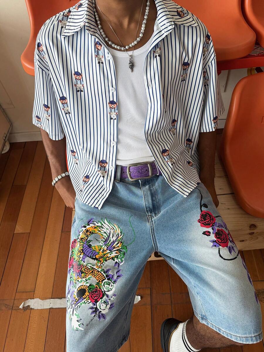 STEELVANCE Striped & Cartoon Print Button-Front Casual Short Sleeve Shirt, Summer - Blue - View 1