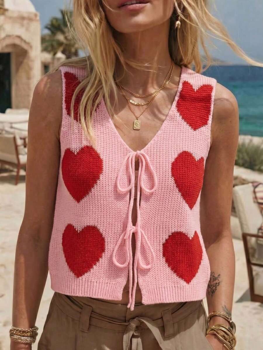 SHEIN Franclia Nuevo suéter sin mangas de punto con estampado de corazón romántico para el Día de San Valentín, de cuello en V casual con lazo, para mujer. Suéter de punto con diseño de corazón, top de punto lindo para mujer. Chaleco de punto con forma de corazón, suéter de punto de invierno para mujer - Multicolor - Ver 1
