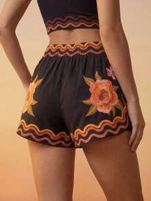 CAJUNI Flower Print Gym Women Sports Shorts - Black - View 3