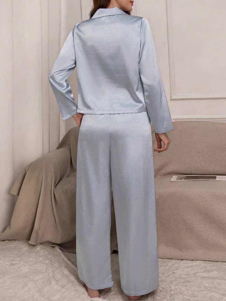 2pcs Satin Lace Print Loose Long Sleeve Straight Leg Long Pajama Set, Women Spring Sleepwear