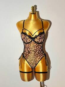 Bare Chapter 3pcs Sexy Leopard Print Mesh Crisscross Backless Jumpsuit Set With Side Slit And Underwire - Multicolor - View 8