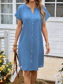 Miaspire Vestido camisa de longitud media de efecto vaquero de tela casual para mujer, para primavera/verano - Azul - Ver 5