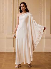 ZEYLAH Women's Elegant Party Floral Embroidered One-Shoulder Arabic Style Dress - Beige - View 1