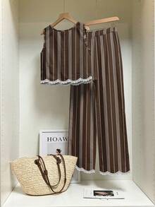 SHEIN Frenchy 2 piezas Conjunto de camisa y pantalones con patrón de rayas asimétrico casual, adecuado para vacaciones de primavera/verano - Multicolor - Ver 2